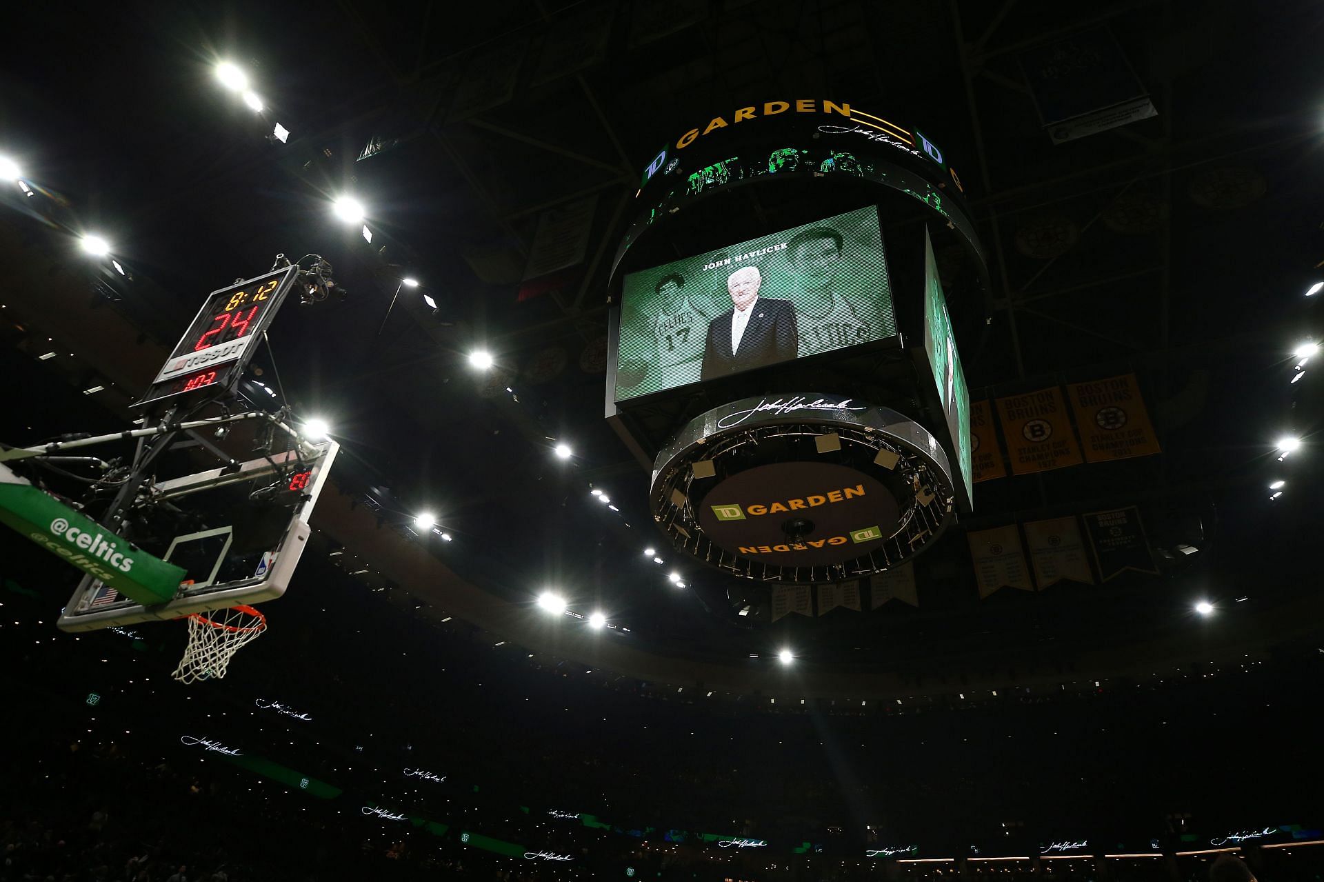 The Celtics honor John Havlicek, a former player, during a postseason game in 2019.