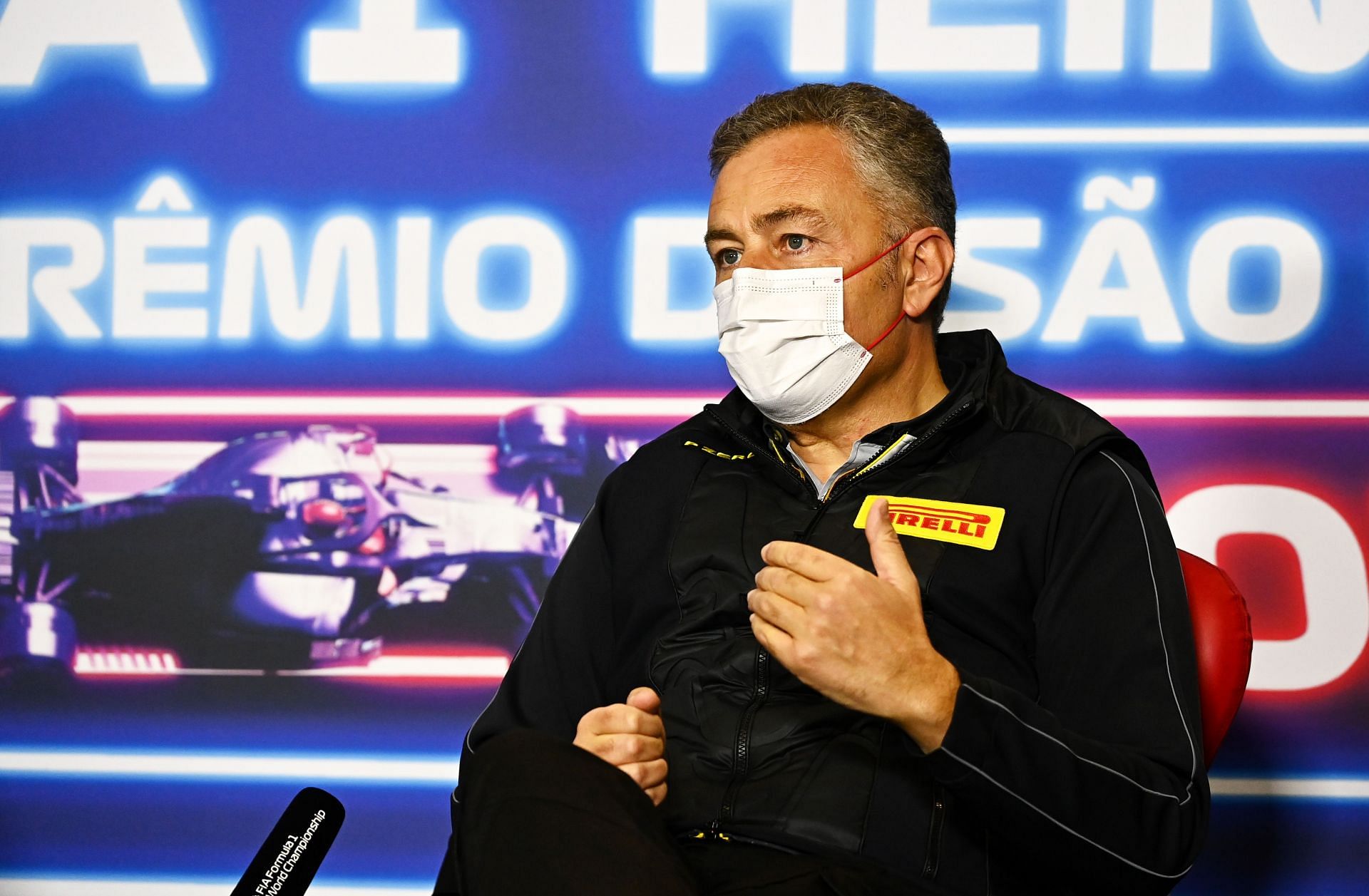 Pirelli boss Mario Isola in conversation with the press during the 2021 Sao Paulo Grand Prix in Brazil (Photo by Clive Mason/Getty Images)