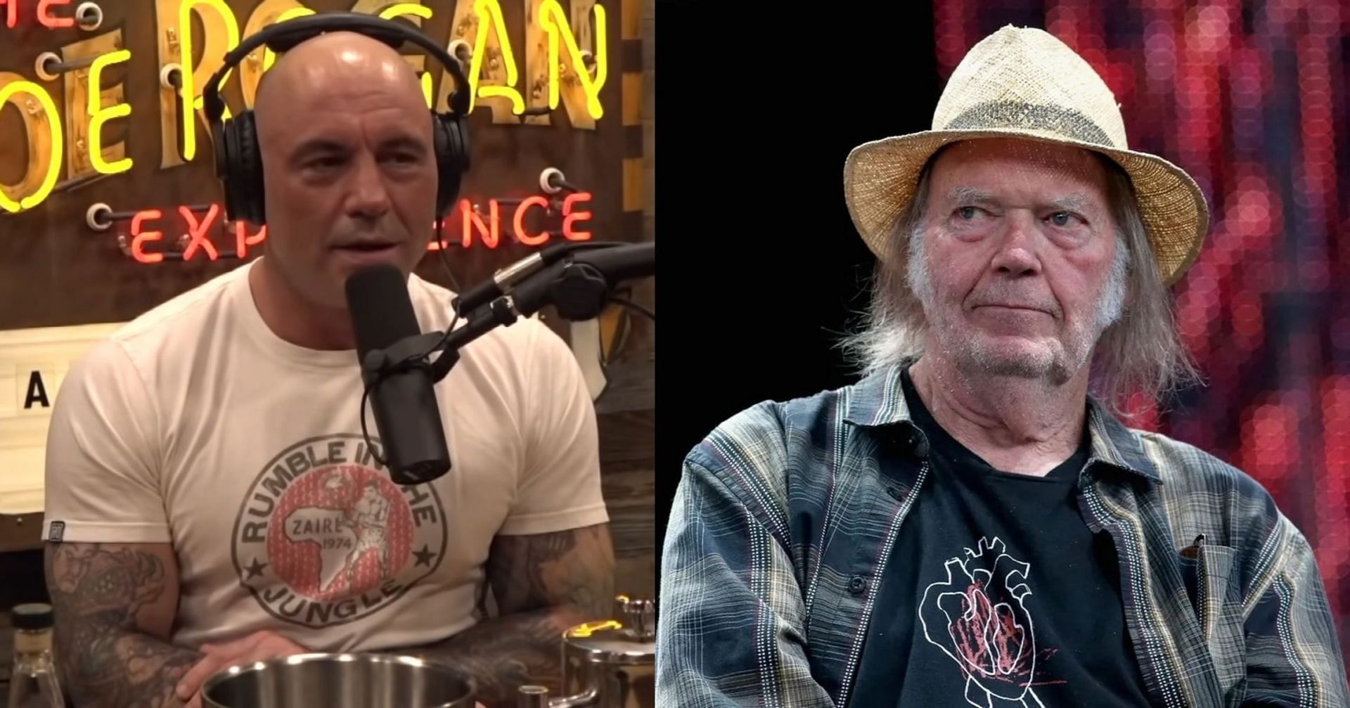 Joe Rogan on his JRE podcast and Neil Young (Image via JRE/YouTube, and Gary Miller/Getty Images)