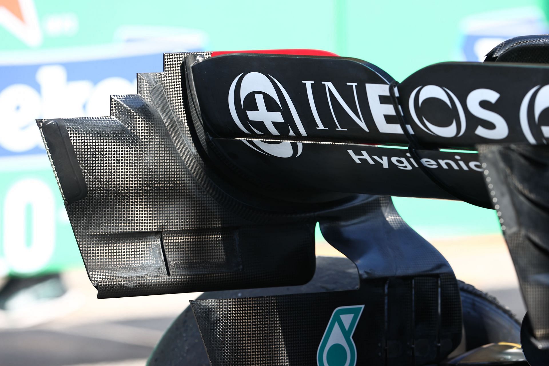 Rear wing of Lewis Hamilton&#039;s Mercedes W13 in parc ferm&eacute; at the 2021 Brazilian Grand Prix (Photo by Mark Thompson/Getty Images)