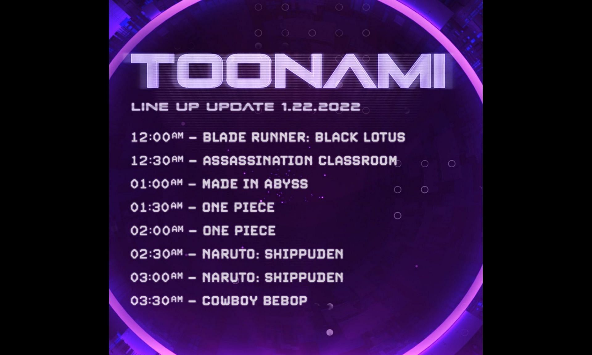 Toonami&#039;s official schedule for this weekend (Image via the Toonami Facebook page)