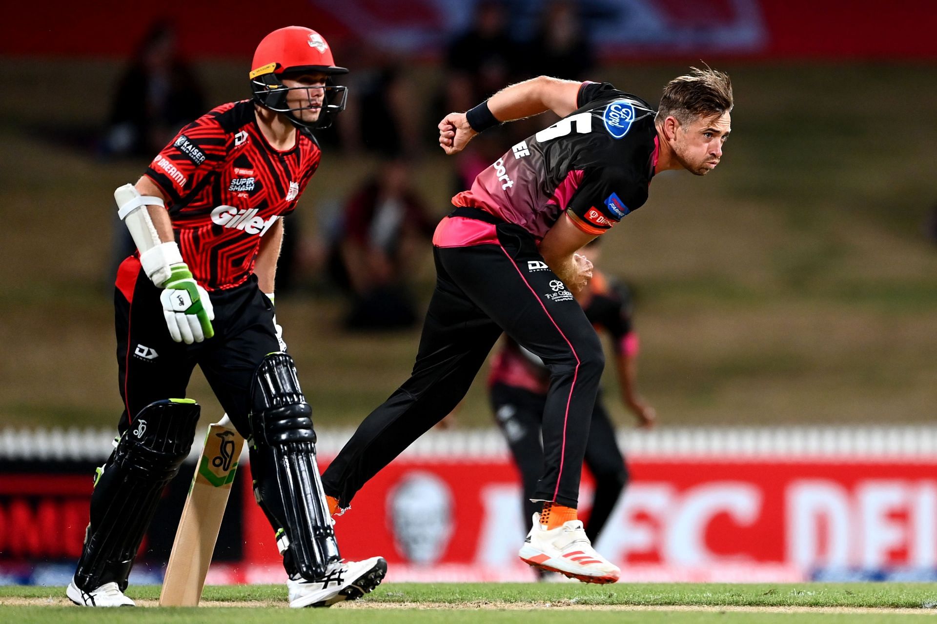 Tim Southee bowls during the Super Smash final. Pic: Getty Images