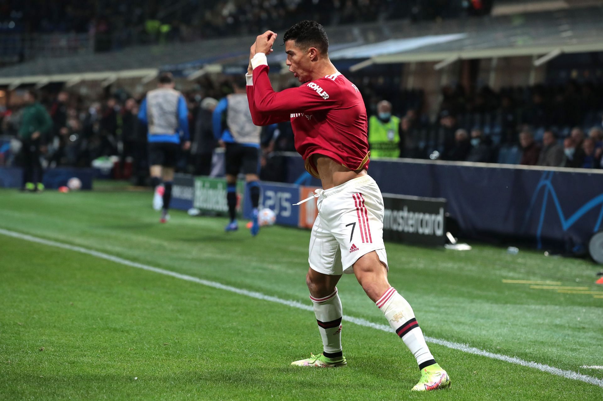 Cristiano Ronaldo doing his siuu jubilation after scoring for Manchester United against Atalanta in the Champions League in November 2021