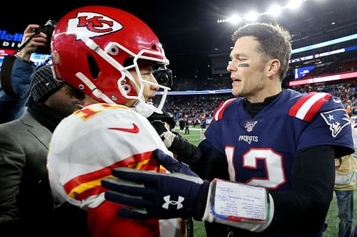 Brady (R) bids farewell to Patrick Mahomes after the teams met shortly before the 2019-20 postseson (Photo: Getty)