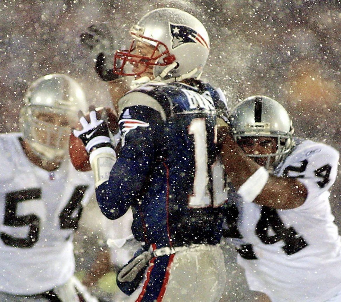 Woodson sakcs Brady in the Tuck Rule game. Photo via JT The Brick Twitter