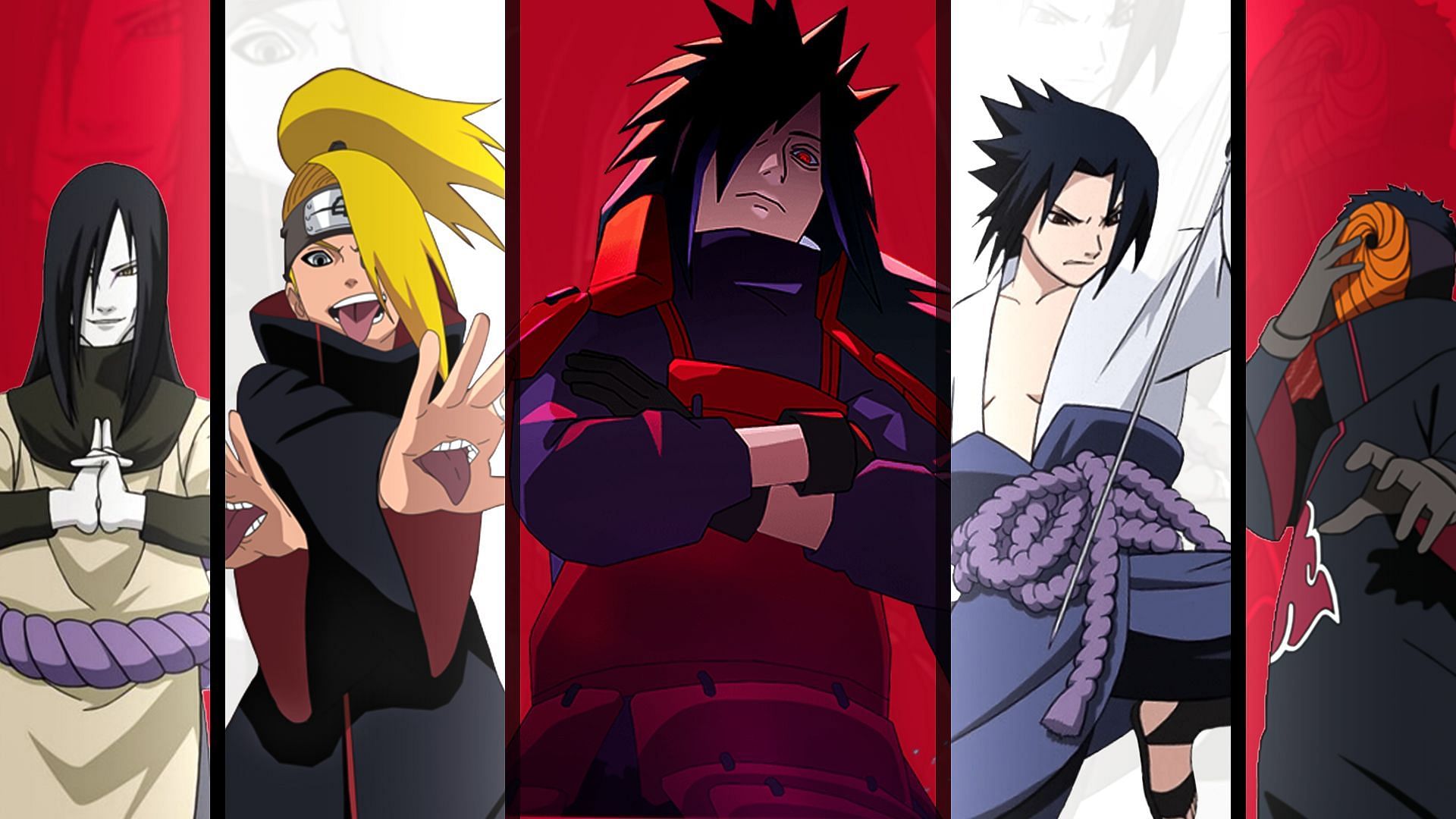 Visuals of a Orochimaru, Deidara, Madara, Sasuke, Obito from left to right (Image via Sportskeeda)