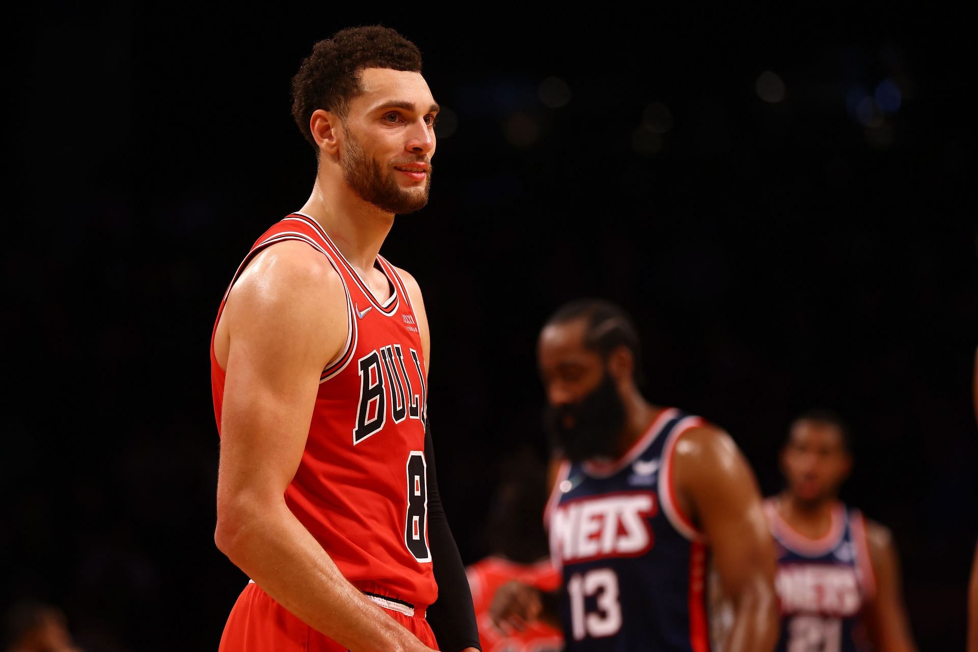 Zach LaVine looks on at a Chicago Bulls game.