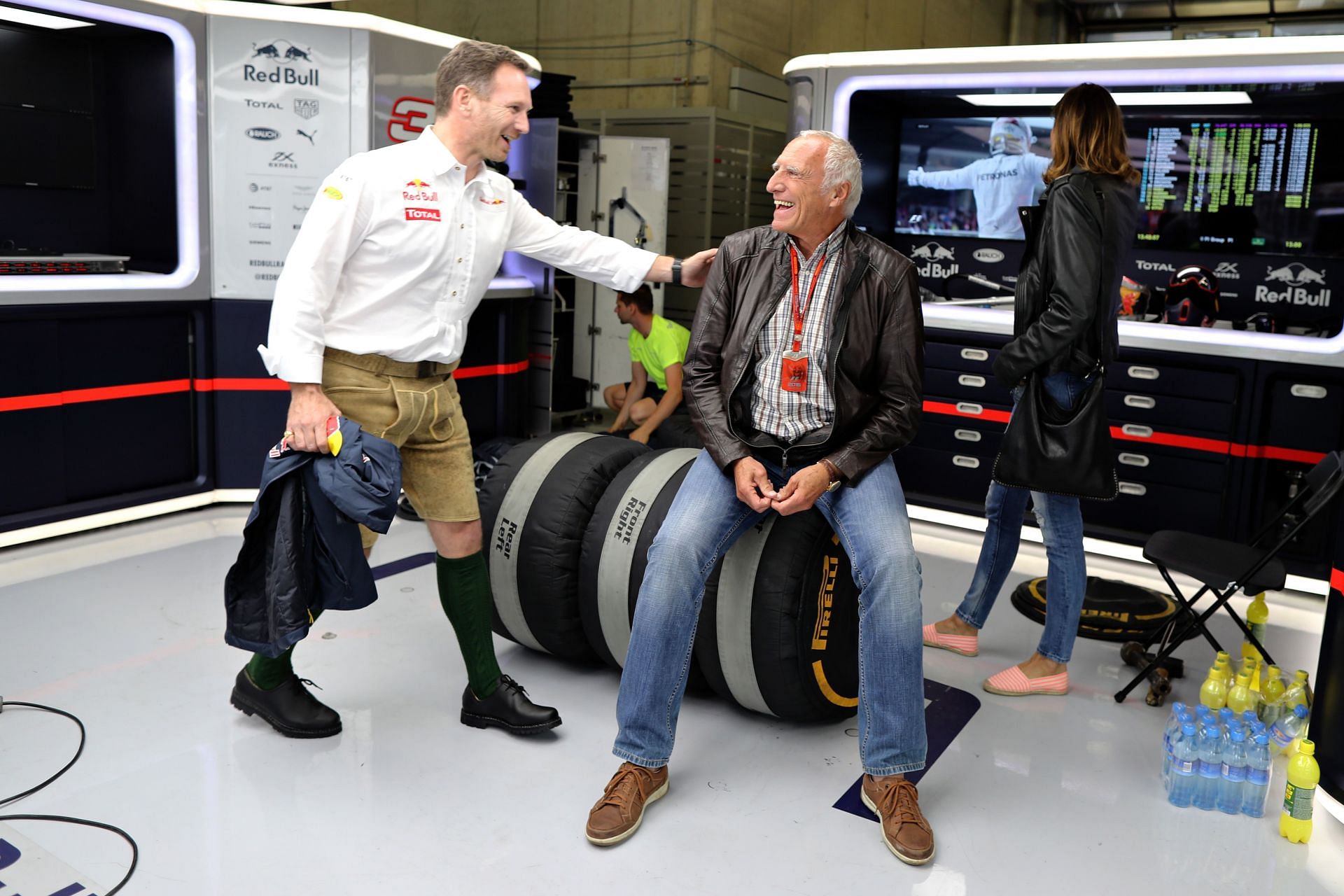 Christian Horner (left) and Red Bull owner, Dietrich Mateschitz (right), in the garage after the 2019 Austrian GP (Photo by Mark Thompson/Getty Images)
