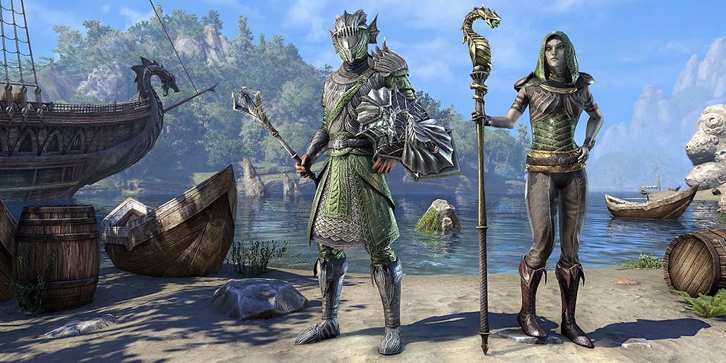 ESO&#039;s depiction of Maormer armors and weapons (Image via ZeniMax Online Studios)