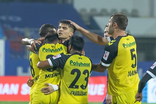 Hyderabad FC players celebrate their goal against Chennaiyin FC. (Image Courtesy: ISL Media)