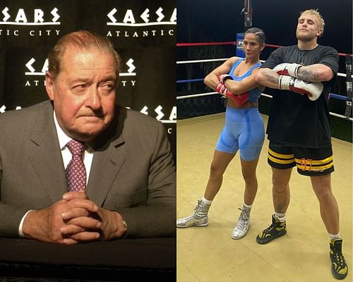 Bob Arum (left), Jake Paul and Amanda Serrano (right)