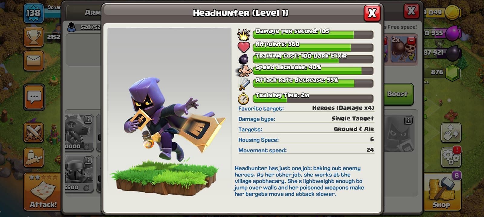 Headhunter&#039;s statistics in Clash of Clans (Image via Sportskeeda)