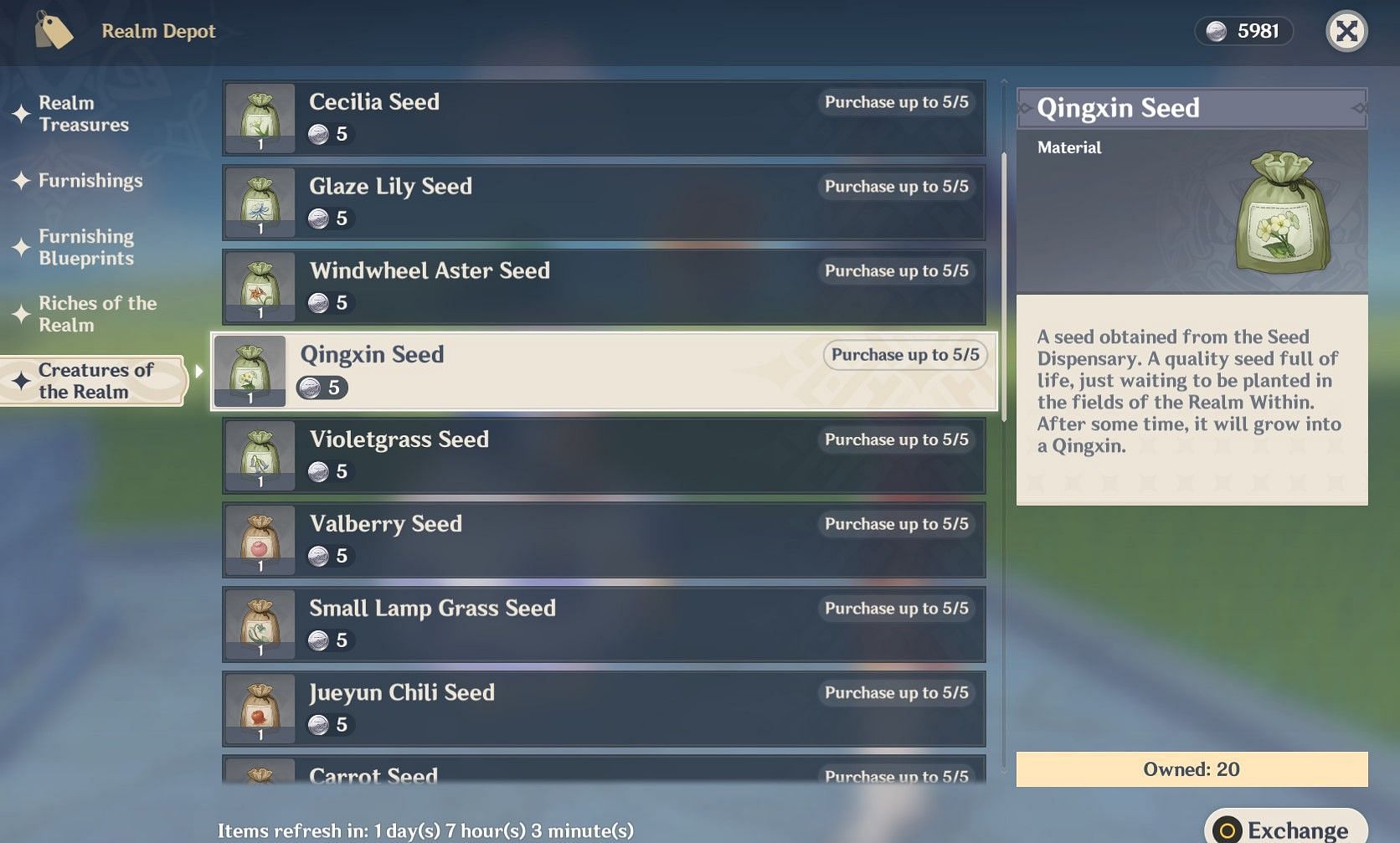 Travelers can buy five seeds a week (Image via Genshin Impact)