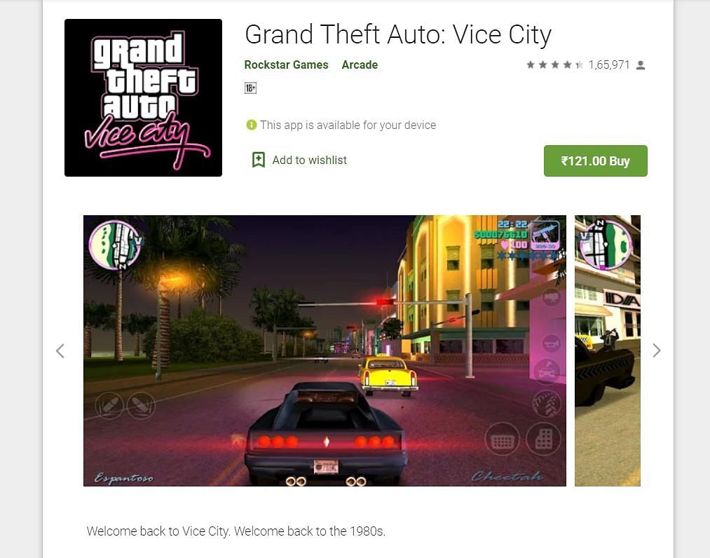The price of GTA Vice City in India is INR 121 (Image via Google Play Store)