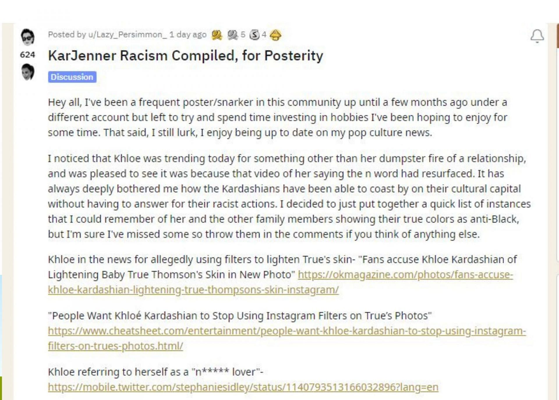 Reddit thread on Khloe Kardashian&#039;s alleged racially inappropriate behavior (Image via Reddit)
