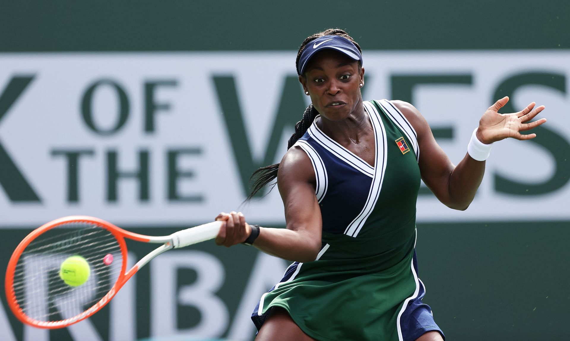 Stephens strikes the ball at the BNP Paribas Open