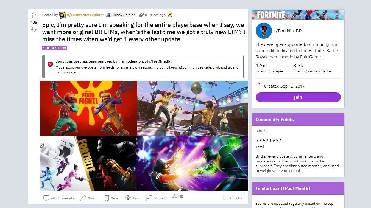 Official FortniteBR subreddit discussion on the lack of interesting LTMs in the game for so long (Image via Reddit)