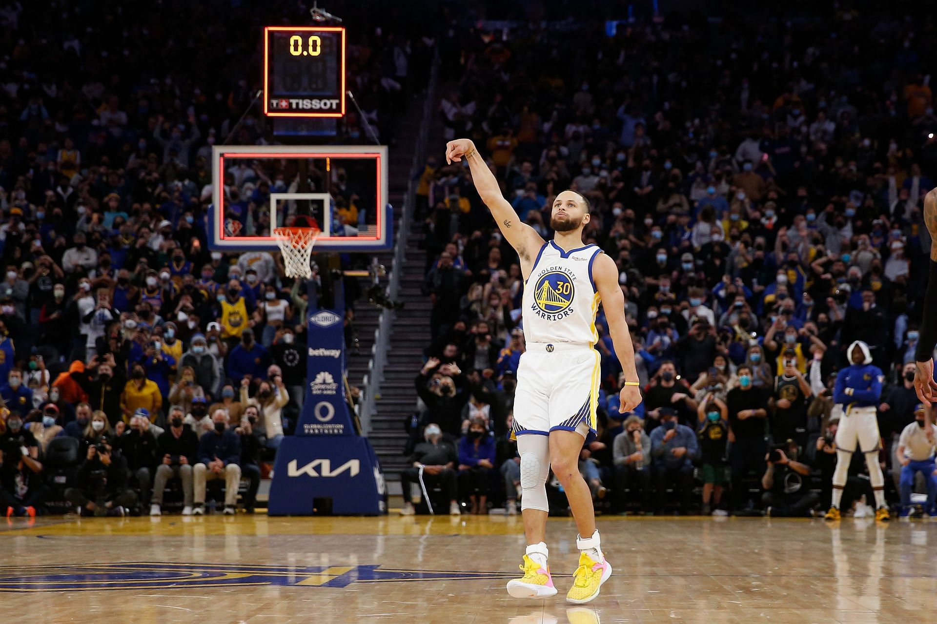 Steph Curry attempts a deep three-point shot
