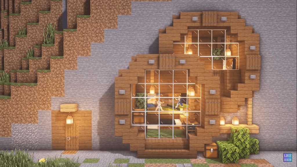 Houses built into mountains are great wooden builds (Image via Minecraft)