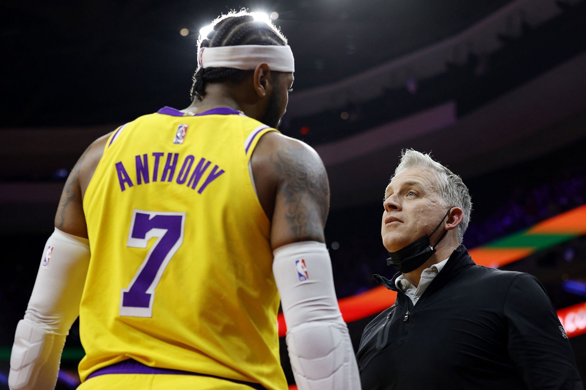 Carmelo Anthony of the LA Lakers confronts a heckler (not pictured) during the fourth quarter of a game against the Philadelphia 76ers at Wells Fargo Center on Thursday in Philadelphia, Pennsylvania. The heckler was ejected from the arena.