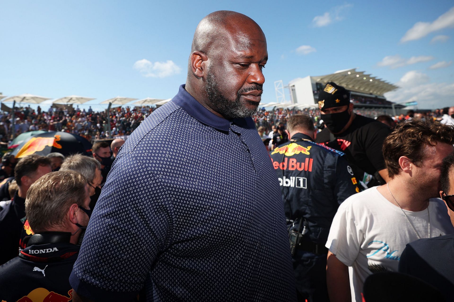 Shaquille O&#039;Neal walks on the grid before the F1 Grand Prix of USA at Circuit of The Americas on October 24, 2021 in Austin, Texas.