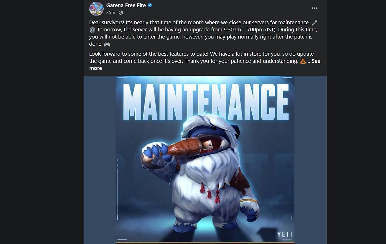 Details about the maintenance of the OB32 update (Image via Facebook/Garena Free Fire)