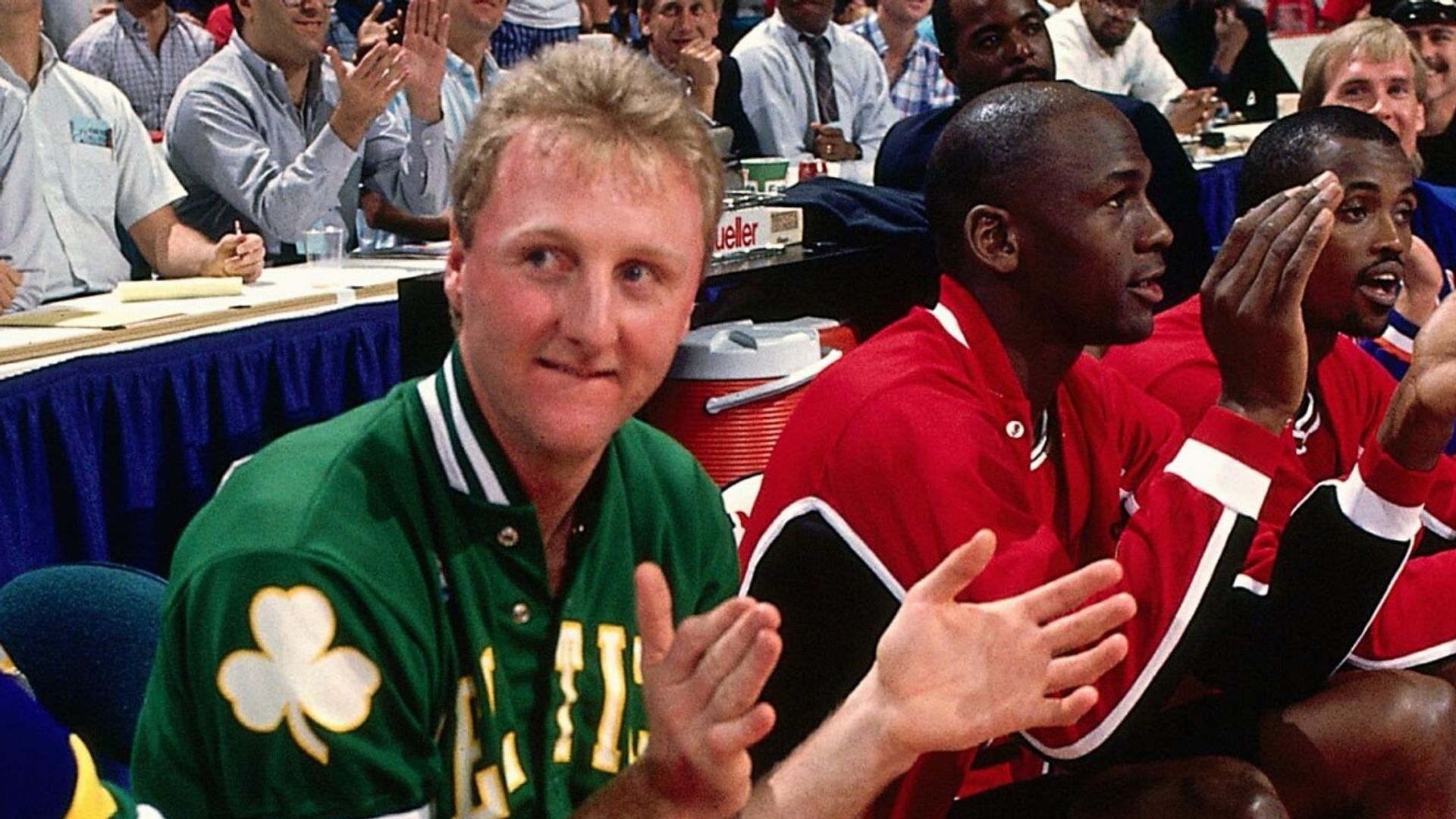 Michael Jordan sits alongside Larry Bird at the 1988 All-Star game (image credit: Sky Sports)