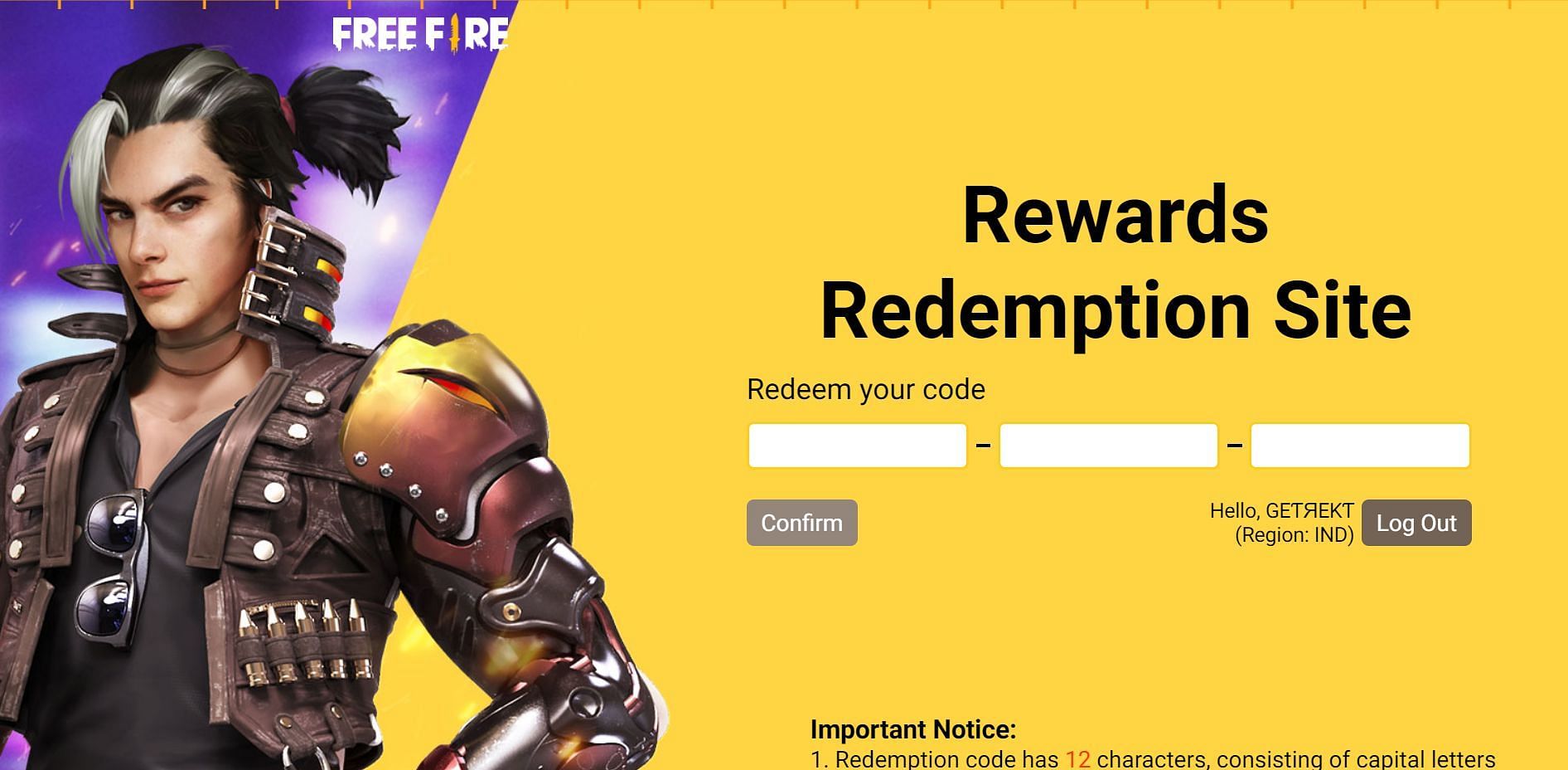 Enter the redeem code and hit the &#039;Confirm&#039; button to get the rewards (Image via Garena)