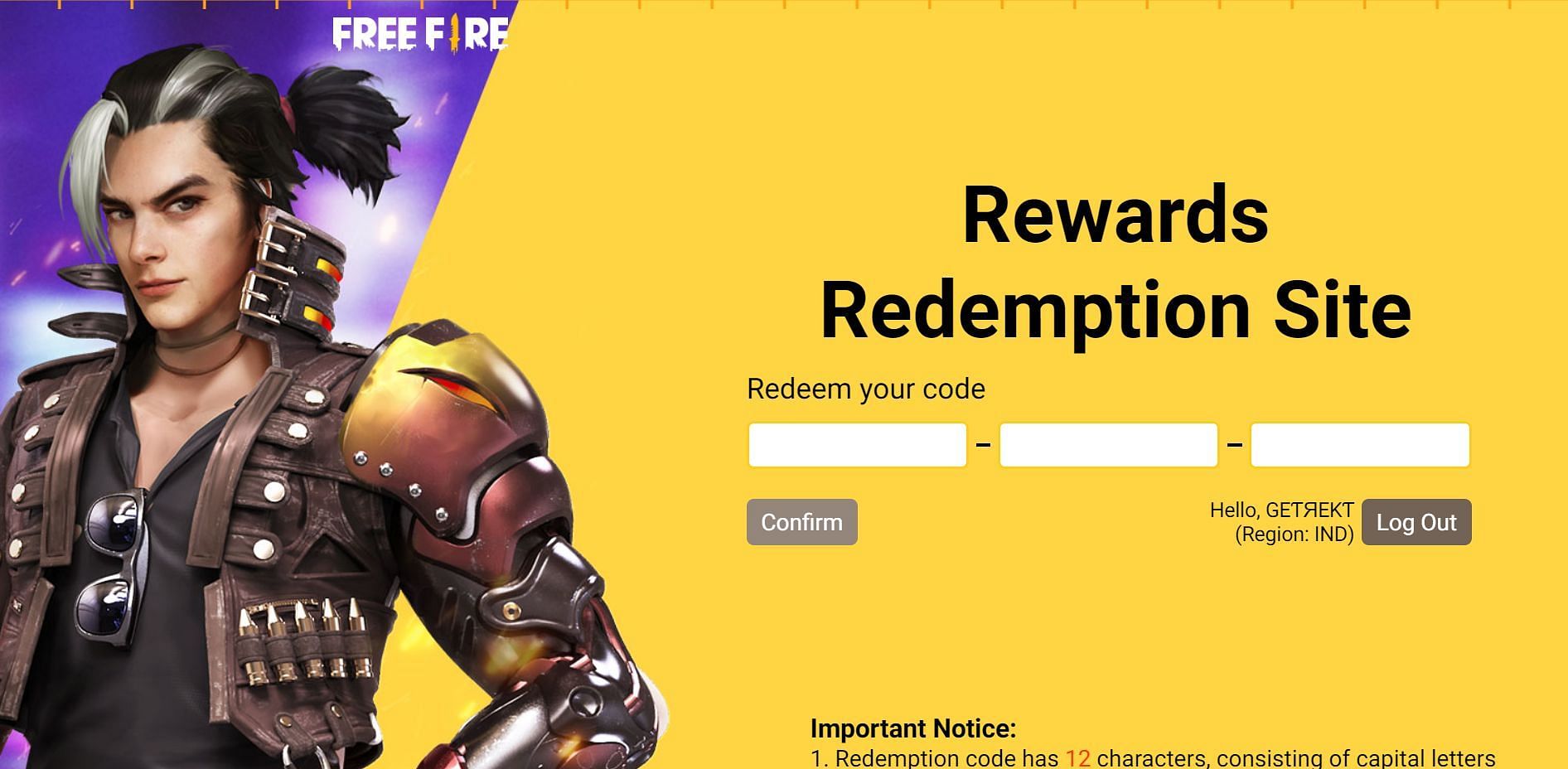 Enter the code and click the confirm button (Image via Garena)