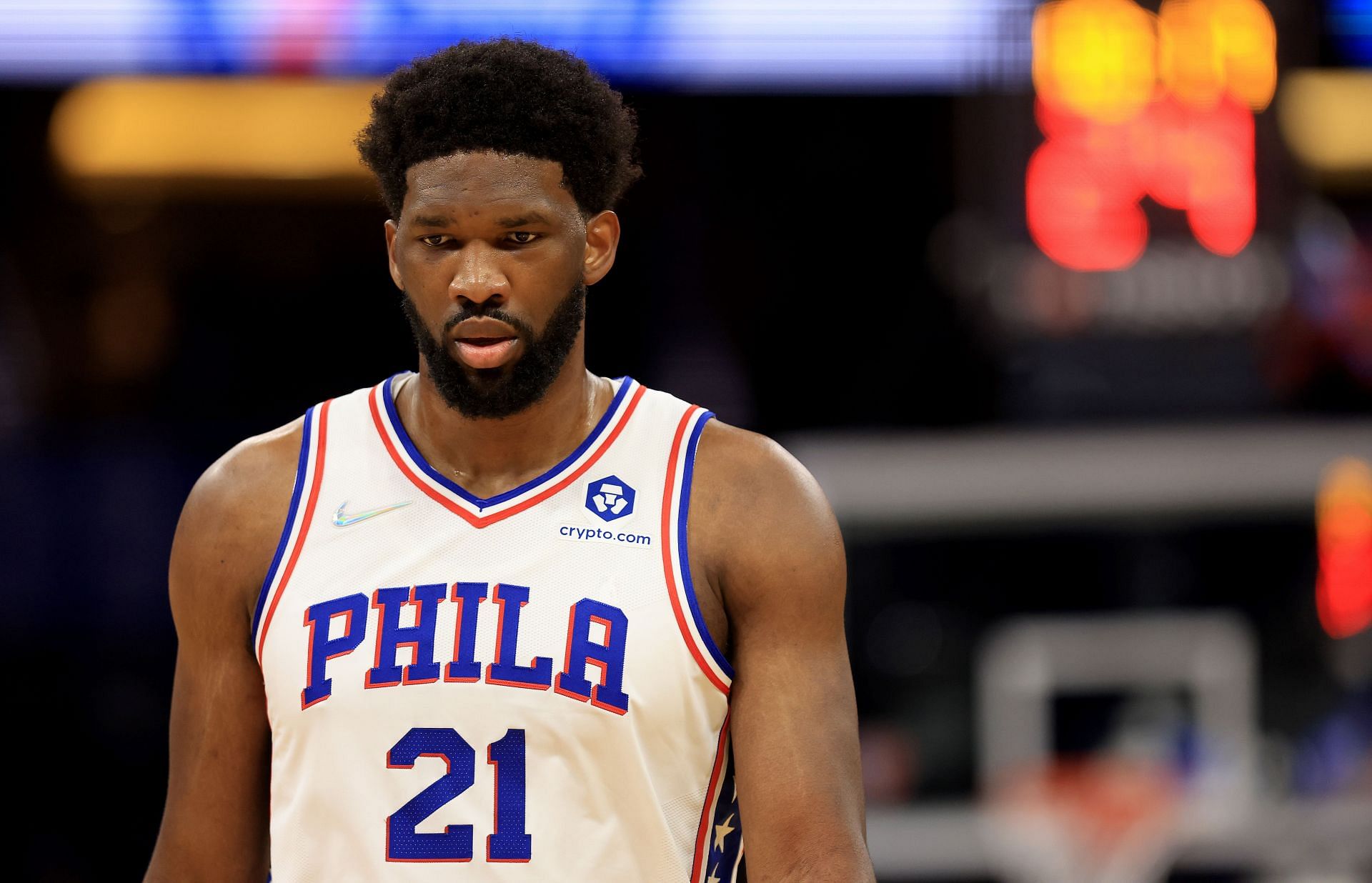 Joel Embiid #21 of the Philadelphia 76ers reacts to a play during a game against the Orlando Magic at Amway Center on January 05, 2022 in Orlando, Florida.