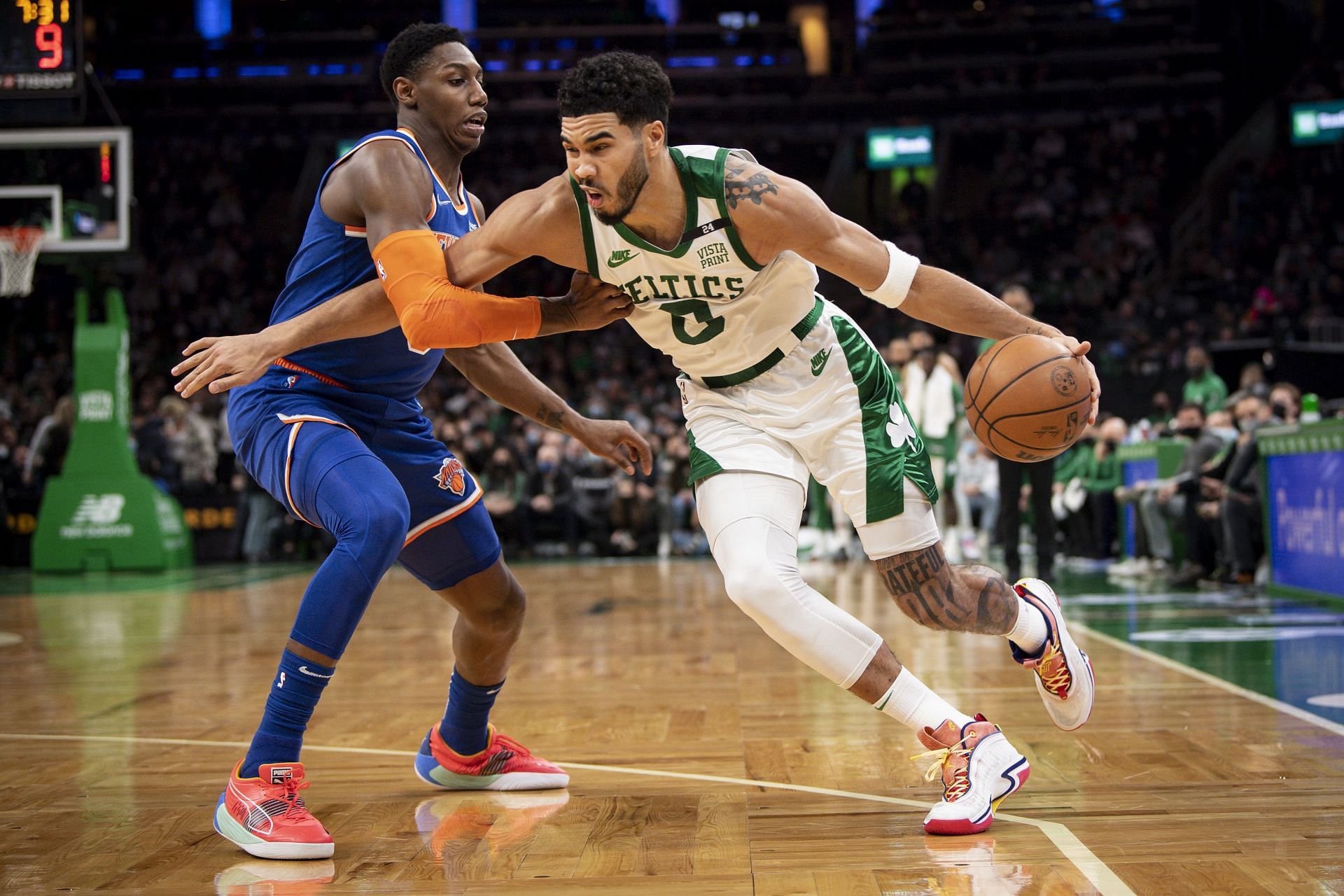 Jayson Tatum drives to the basket.