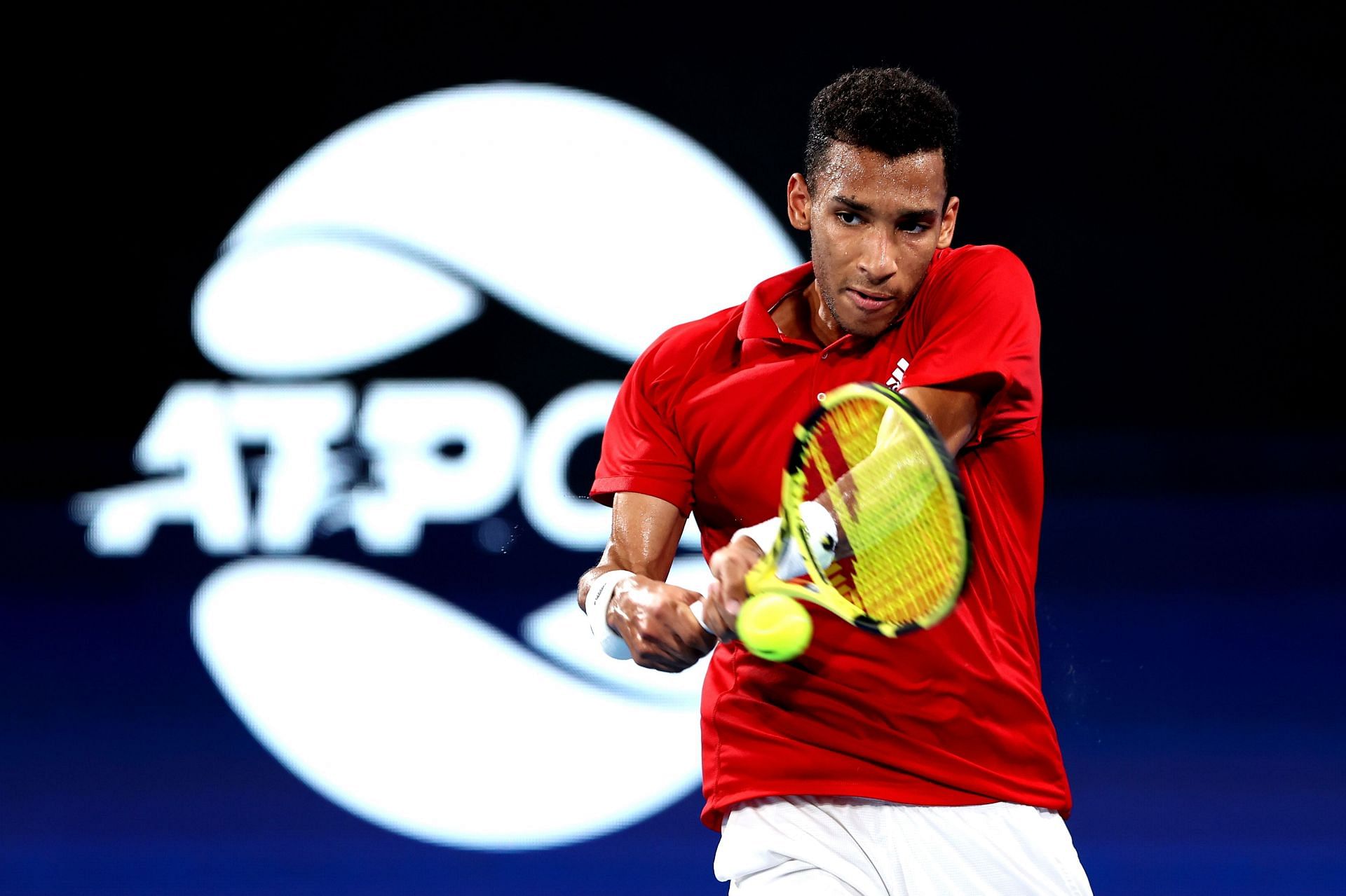 Felix Auger-Aliassime hits a backhand during the 2022 ATP Cup final