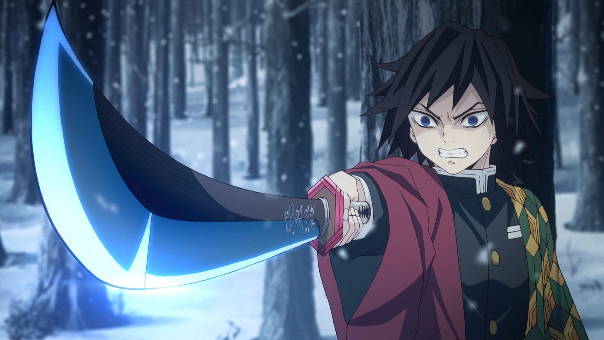 Giyu Tomioka in his first encounter with Tanjiro and Nezuko (Image via Ufotable)