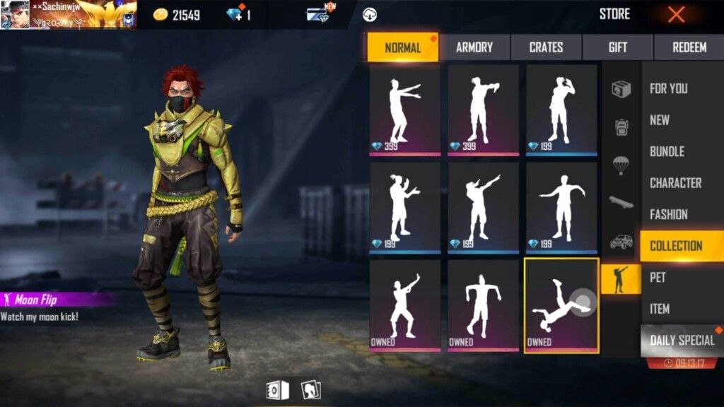 Moon Flip emote in Free Fire (Image via Garena)