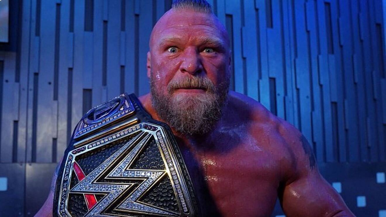 Brock Lesnar with the WWE title on his shoulder