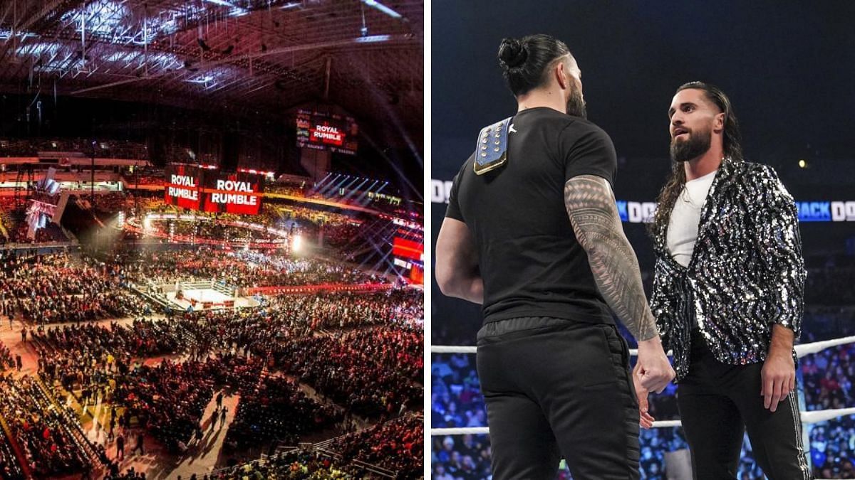 The Royal Rumble (left); Roman Reigns and Seth Rollins (right)