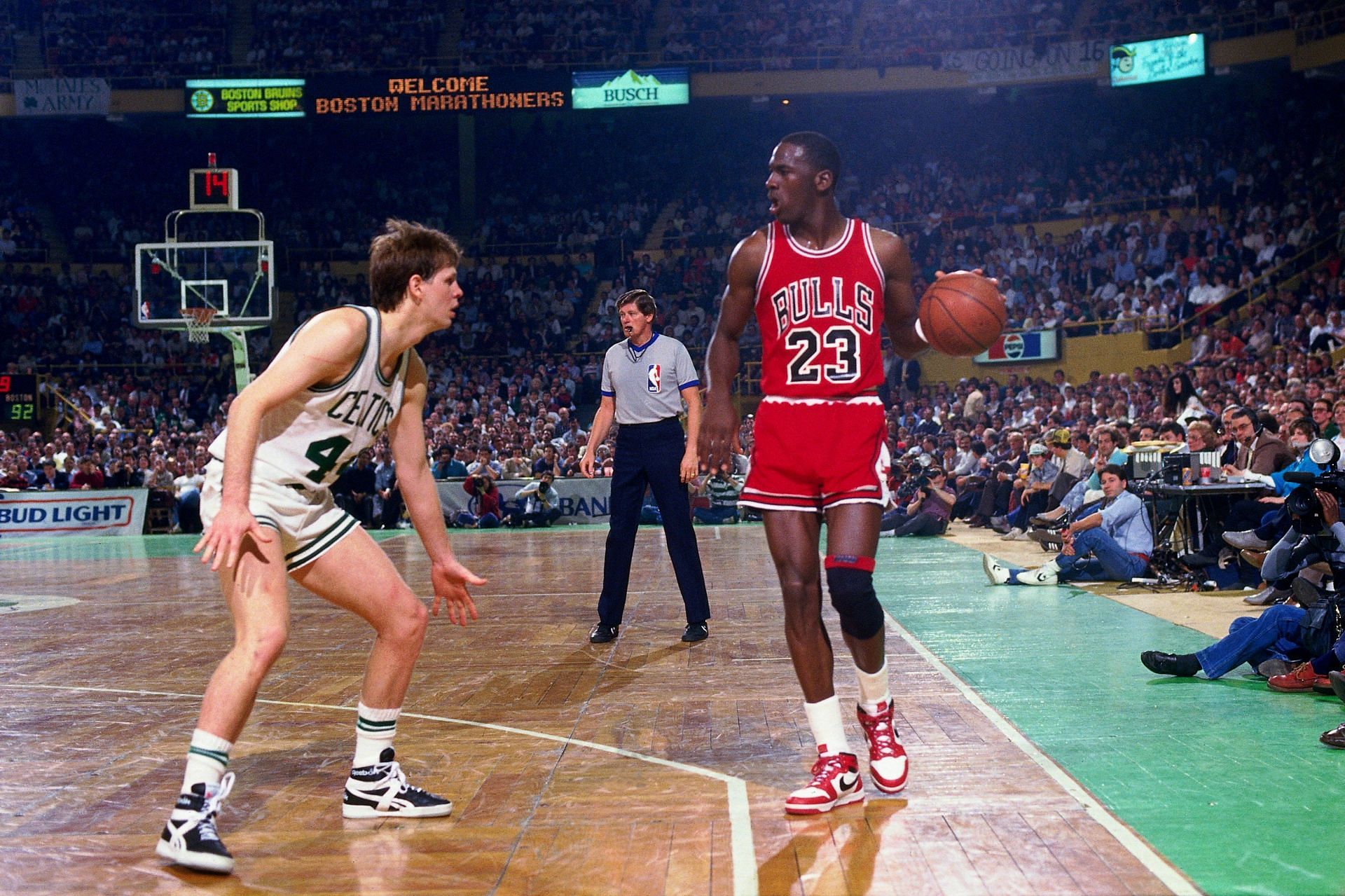 Jordan with the Chicago Bulls in action against the Boston Celtics in 1986.