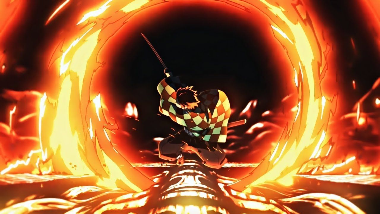 Tanjiro using Sun Breathing Technique to eliminate Enmu, lower rank demon (Image via Ufotable)