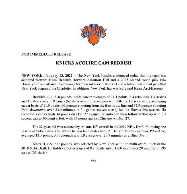 Atlanta Hawks trade Cam Reddish to New York Knicks for Kevin Knox