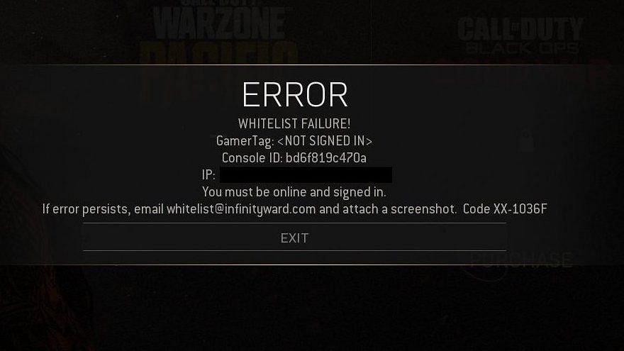 Whitelist Failure error in the game (Image via Warzone)