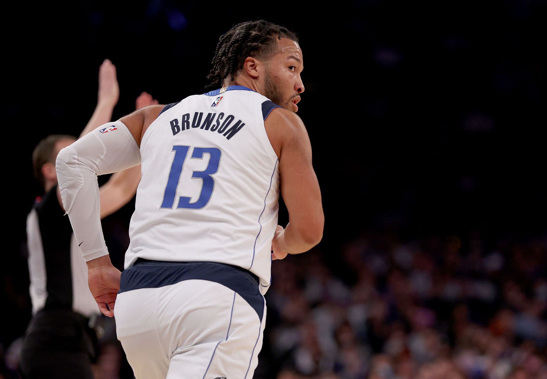 Jalen Brunson of the Dallas Mavericks celebrates his 3-pointer against the New York Knicks on Jan. 12 in New York City.