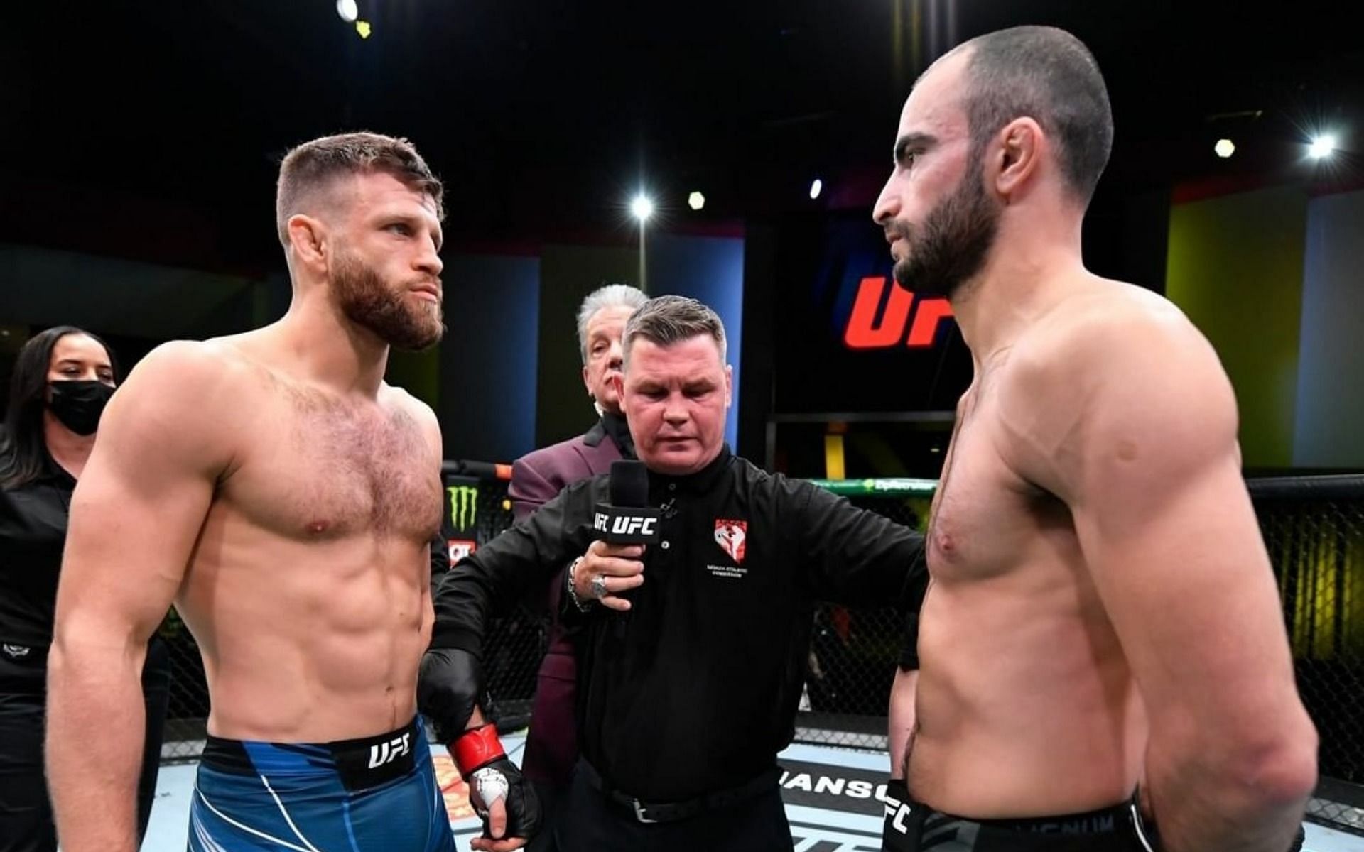 Calvin Kattar (left) and Giga Chikadze (right) look on ahead of their encounter [Image Credit: @ufc on Instagram]