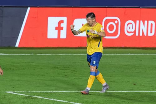 Kerala Blasters FC's Alvaro Vazquez celebrates after scoring the winning goal against Hyderabad FC. (Image Courtesy: ISL Media)