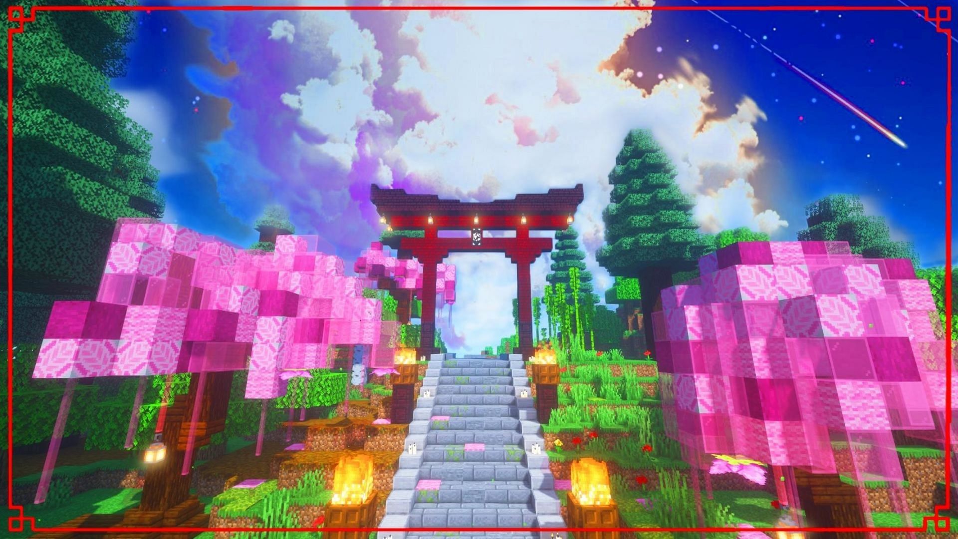 A Japanese Torii gate constructed by Reddit user Minecraftterr (Image via Mojang)