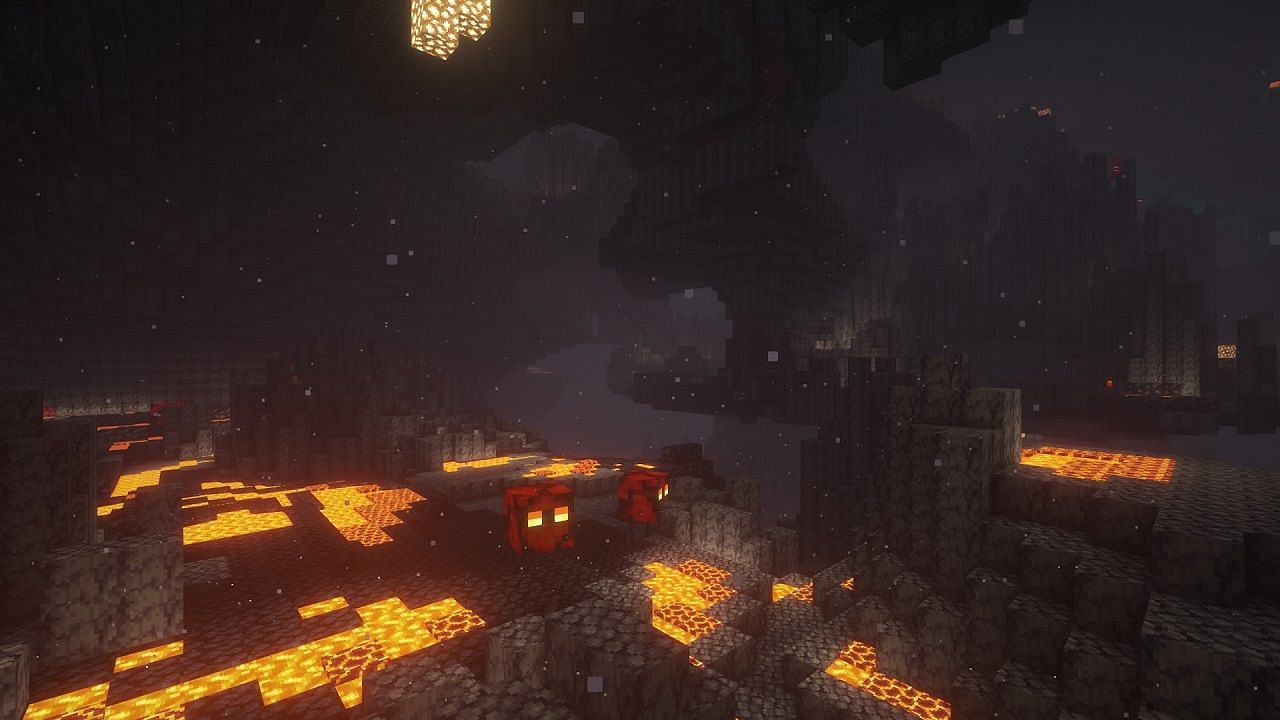 The Nether takes on a whole new sinister look in BSL&#039;s shading (Image via Mojang)