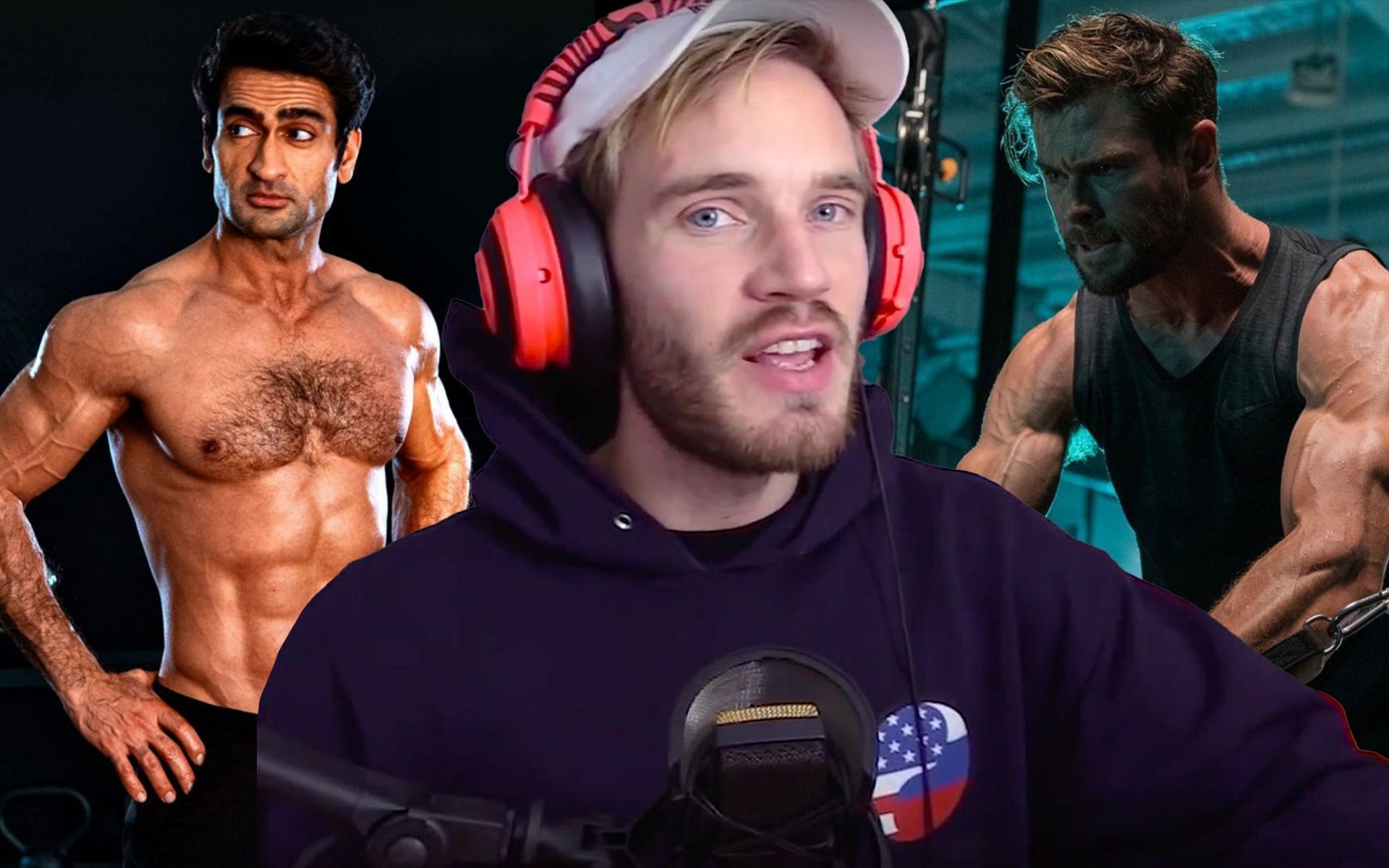 PewDiePie exposes actors for steroid usage (Image via PewDiePie/ YouTube, chrishemsworth &amp; kumailn/ Instagram)