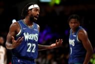 Patrick Beverley of the Minnesota Timberwolves with Anthony Edwards