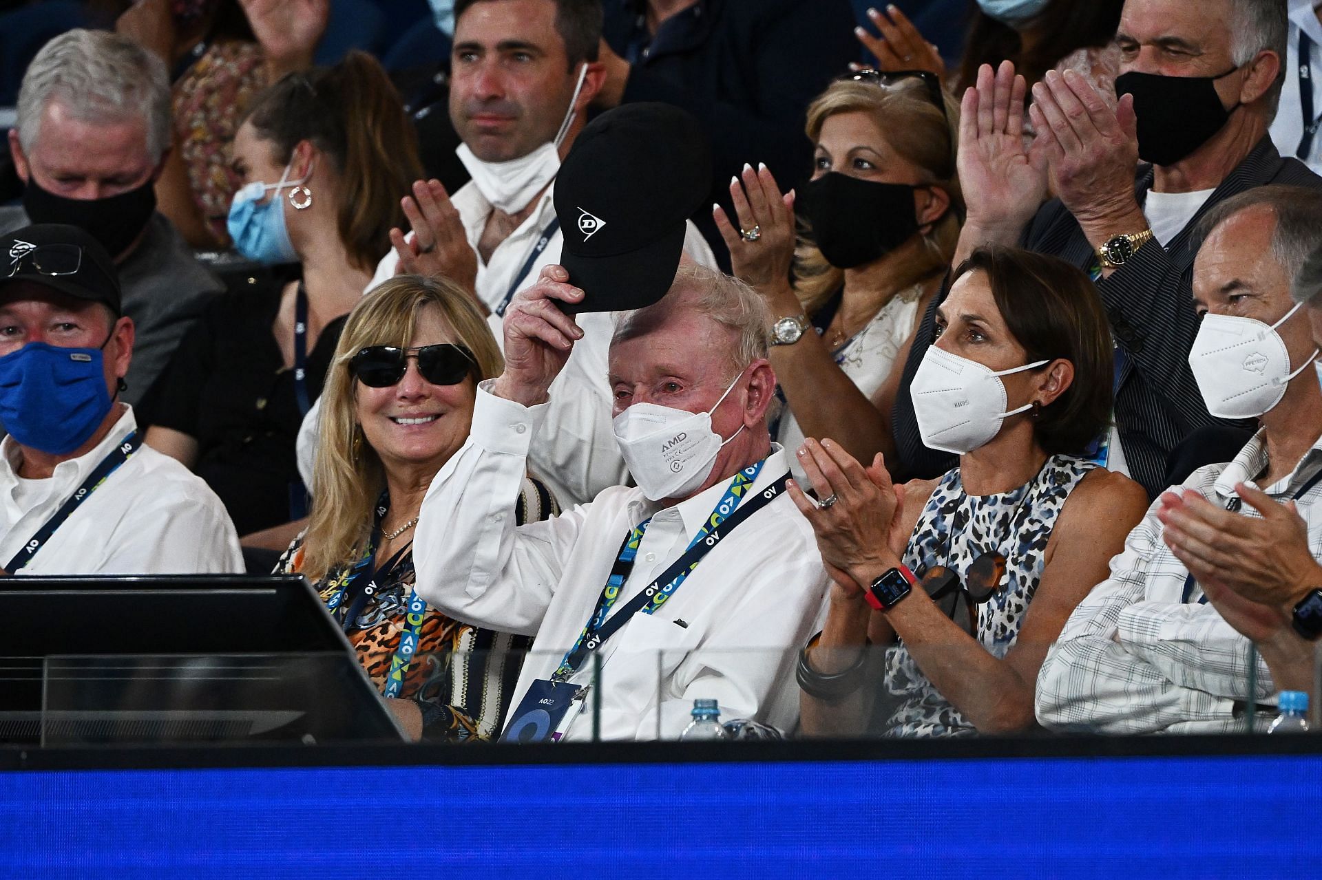 Rod Laver acknowledging the crowd during the third-round match featuring Alex de Minaur at the 2022 Australian Open.