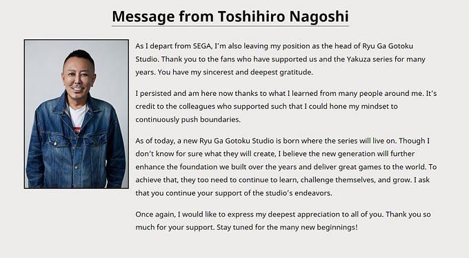 Ryu ga Gotoku Studios Toshihiro Nagoshi Steps Down as CCO of Sega