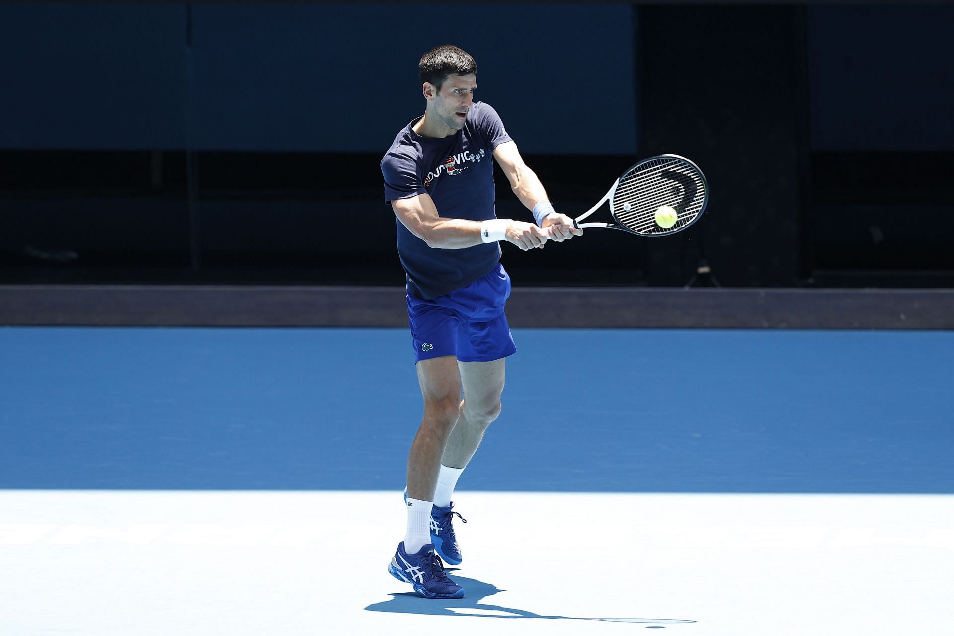Novak Djokovic pictured practicing for the 2022 Australian Open